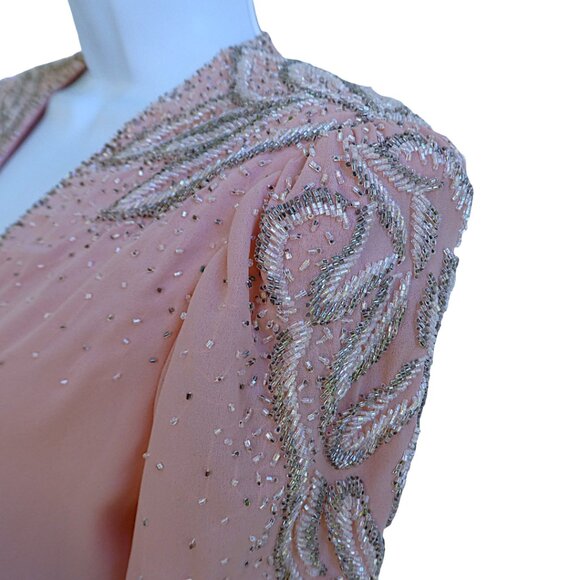 Vintage Jack Bryan Cocktail Wrap Dress Pink Heavy Beaded Long Sleeve Bling 8 - Picture 6 of 11